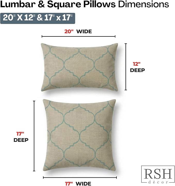 RSH DECOR: Sunbrella Lumbar & Square Pillows Set of 4 | 20" x 12" & 17" x 17" | Water and Fade-Resistant Fabric | Outdoor Throw Pillows for Patio Furniture | Made in USA (Trellis Geo II Mist)
