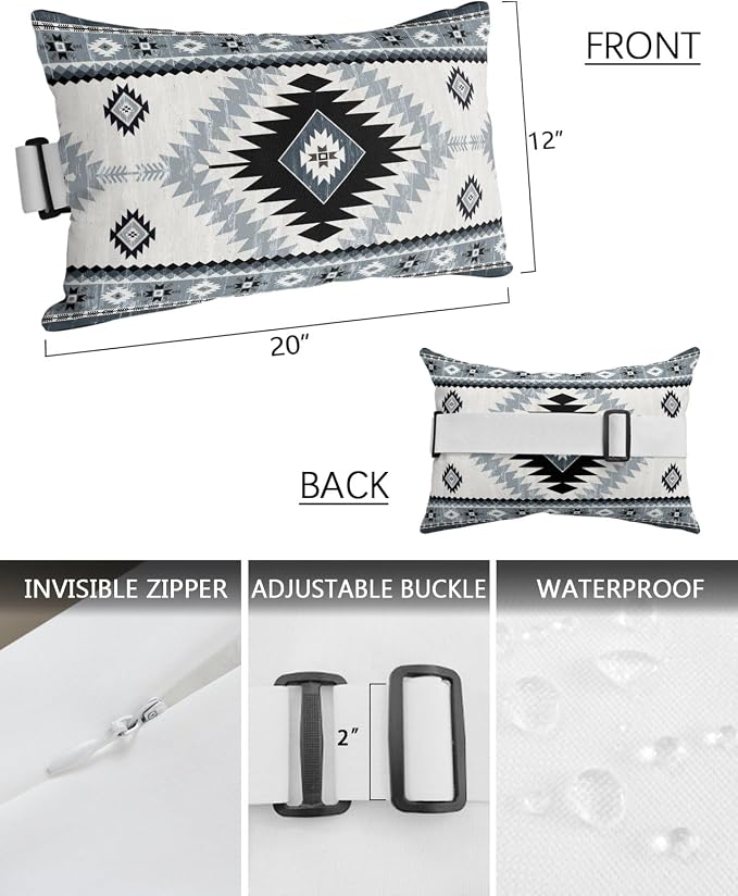 Outdoor Pillows Waterproof Covers Set of 2, Haze Blue Bohemian Adjustable Elastic Chaise Lounge Headrest Pillow Covers, Aztec Boho Tribal Decorative Lumbar Pillow for Pool Patio Furniture 20x12 Inch