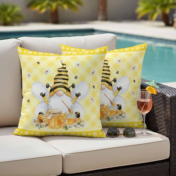 Yukro Honey Gnome Outdoor Waterproof Pillow Covers Pack of 2, Watercolor Honey Bees Floral Yellow Plaid Decorative Throw Pillowcases Cushion Covers for Garden Patio Tent Sofa Couch, 24x24 inch