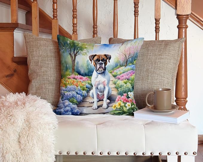 Caroline's Treasures Boxer Spring Path Throw Pillow Machine Washable, Indoor Outdoor Decorative Pillow for Couch, Bed or Patio, 14Hx14W