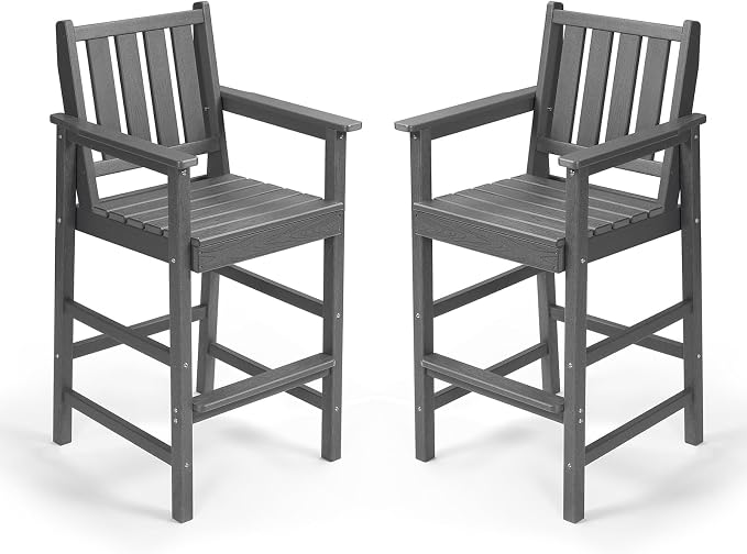 Adirondack Bar Chair Set of 2, HDPE Tall Adirondack Chairs Bar Stools with Footrest, Outdoor Bar Height Stool Chair Set, HDPE Patio Barstools Set for Balcony, Porch, Deck, Pool, Smoke Gray