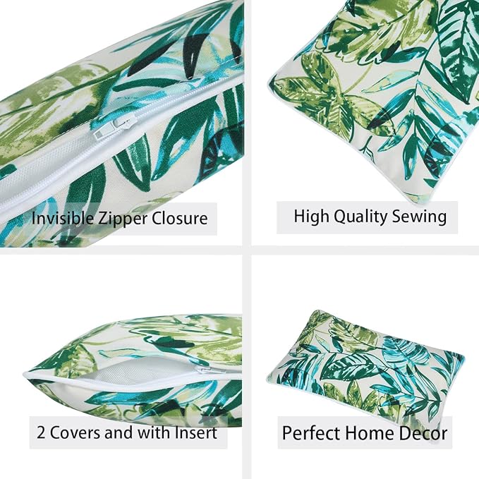 Water Resistant Outdoor Lumbar Pillows for Patio Furniture,12x20 Inch Decorative Pillows Set of 2 with Insert,Hidden Zipper Headrests for Sofa Couch Chair(Palm Leaf)