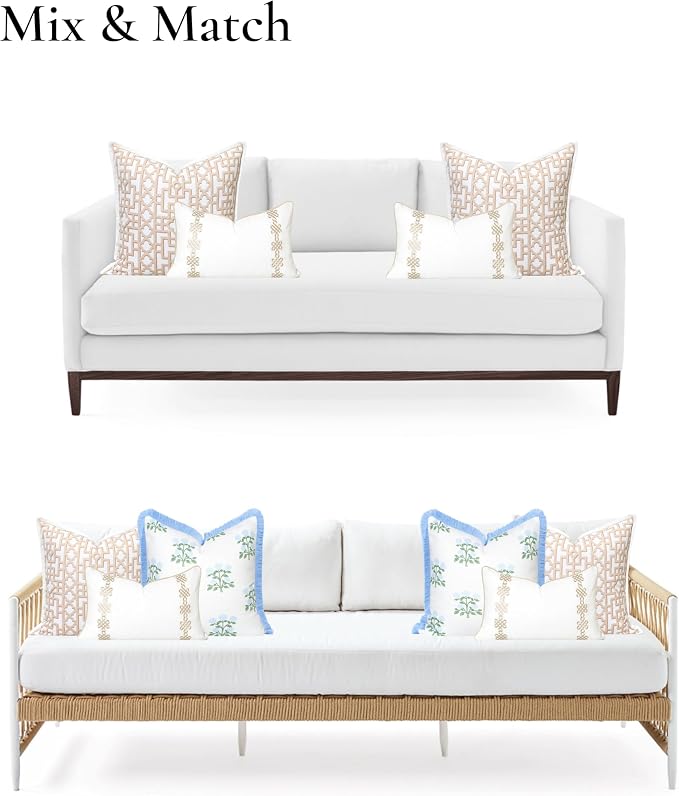 Hofdeco Premium Coastal Hampton Patio Indoor Outdoor Throw Pillow Cover Only, 20"x20" Water Repellent for Backyard, Couch, Poolside, Neutral Tan Print Fretwork Trellised Screen