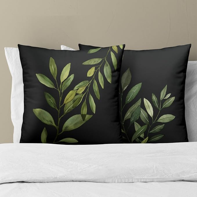 Green Leaf Black Pillow Covers Set of 2, 16x16 Inch – Modern Sage Leaves Plants Cotton Hidden Zipper Pillowcases for Couch Sofa Bed Porch Farmhouse Spring Season Home Decor