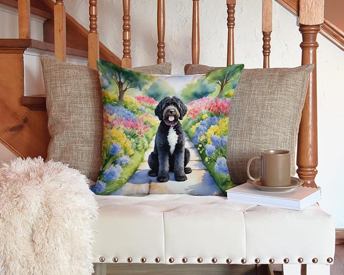 Caroline's Treasures Portuguese Water Dog Spring Path Throw Pillow Machine Washable, Indoor Outdoor Decorative Pillow for Couch, Bed or Patio, 14Hx14W
