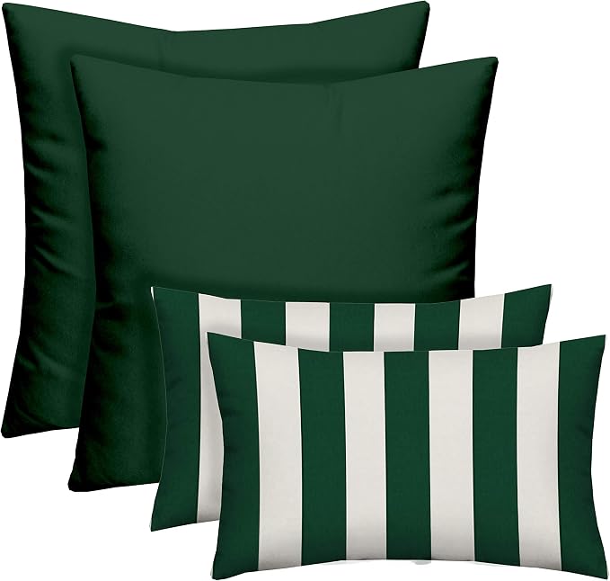 RSH DECOR Set of 4 Square and Lumbar Accent Pillows | Indoor/Outdoor All Weather Polyester Fabric | Reversible | 17"x 17"& 20" x 12" | Hunter Green + Hunter Green & White Stripe