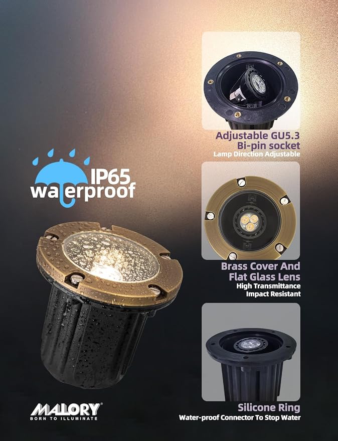 MALORY Brass Top Cover Landscape Well Lights, (φ126 mm) 12V Low Voltage Outdoor In Ground Lights,Landscape Lighting for Pathway, Driveway and Garden 4-Pack with MR16 Bulb (Flat Top)