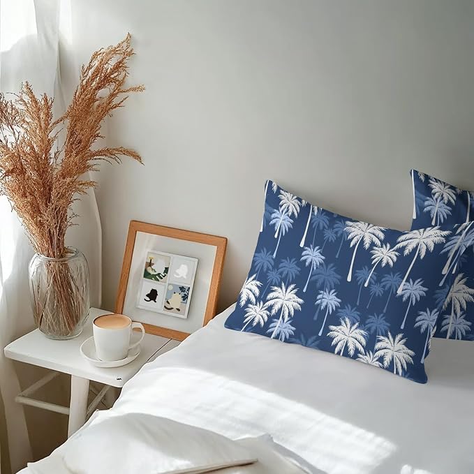 Lumbar Pillow Covers 20x12 Inch Set of 2, Tropical Palm Tree Waterproof Outdoor Pillow Covers, Navy Blue White Plants Coastal Leaf Decorative Cushion Pillowcases for Couch, Sofa, Bed, Garden, Patio