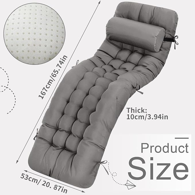 Tudomro Outdoor Chaise Lounge Cushion 66x21x4'' Waterproof & Fade-Resistant Patio Pool Chaise Lounge Cushion Headrest Pillow Tie Replacement Rocking High Back Chair(Dark Gray,Set of 2)