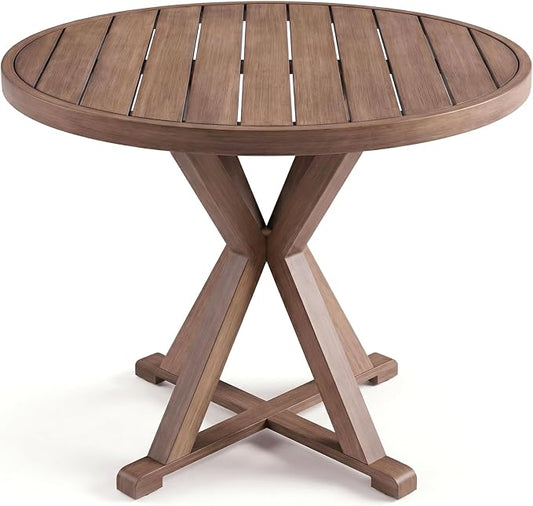Martha Stewart Bedford 36" Round Indoor-Outdoor Aluminum Patio Dining Table with Trestle Base, Accommodates up to 4 Adults, Brushed Brown Woodgrain Finish