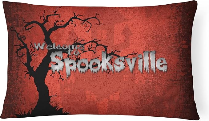 Caroline's Treasures SB3008PW1216 Welcome to Spooksville Halloween Canvas Fabric Decorative Pillow 100% Machine Washable Pillow, Indoor or Outdoor Decorative Throw Pillow for Couch, Bed or Patio