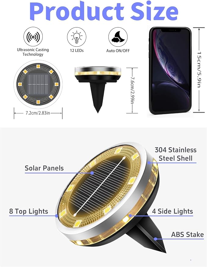 Solar Ground Lights Outdoor 26 Pack Waterproof, Upgraded Solor Garden Lights with 4 Side Light, Stainless Steel Salor Powered Disc Landscape Light for Walkway Pathway Lawn Yard Patio Deck-Warm White