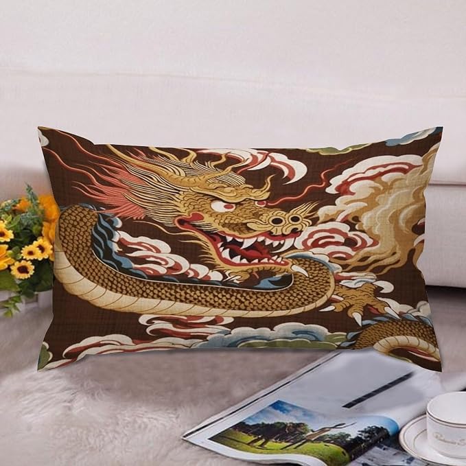 Set of 2 Chinese Oriental Style Asian Dragon Gold Cushion Cover Case with Zipper 12x20in Canvas Pillow Cover Rectangle Pillow Case for Couch Bed Car Pub Coffee Bar Living Room Decoration