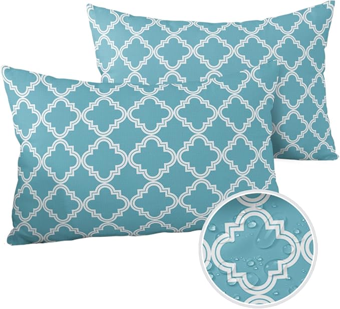 Outdoor Waterproof Pillow Covers for Patio Furniture Moroccan Pattern Decorative Throw Pillow Cover Blue Geometric Trellis Pillowcases Set of 2 Cushion Case for Sofa Couch Chair Home Decor 20x12 inch