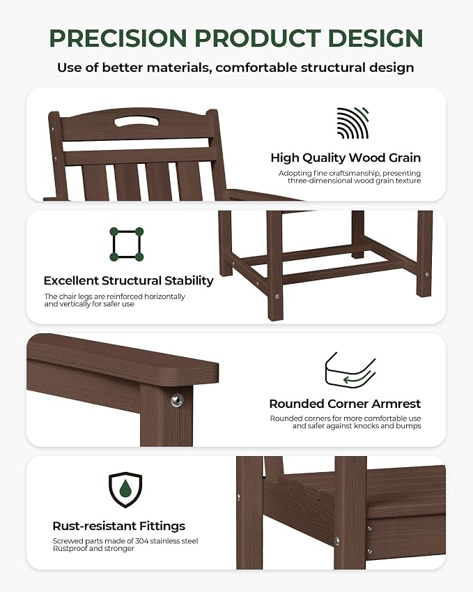 Set of 2 Weatherproof Patio Chairs - HDPE Outdoor Dining Chairs with Wide Seat, Ergonomic Design - for Garden, Backyard, Deck - Brown