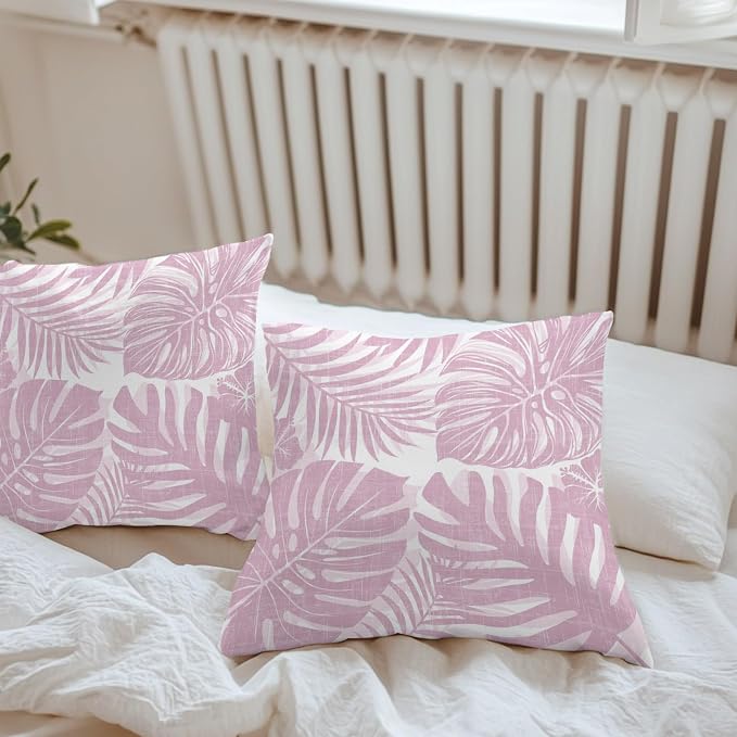 Pink Palm Leaves Outdoor Pillow Covers 26"x26" Set of 2, Tropical Botanical Minimalist Modern Waterproof Throw Pillow Covers for Patio Furniture, Decorative Cushion Covers for Porch