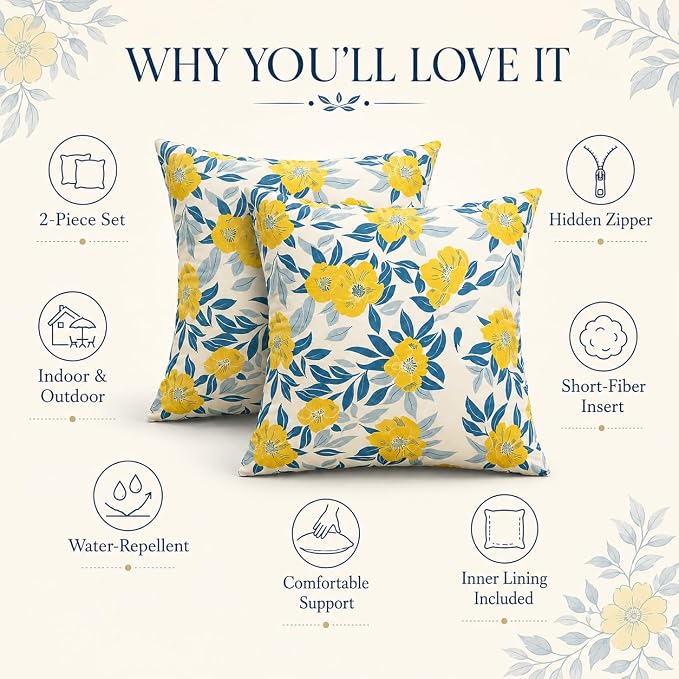 Outdoor Throw Pillows 18×18 Inch Pack of 2 Waterproof Decorative Patio Pillows with Inserts, Square Pillows for Garden Couch Sofa and Patio Furniture