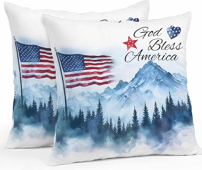 4th of July American Flag Outdoor Pillow Covers 26x26 Inch Throw Pillow Covers Set of 2 Waterproof Decorative Pillow Cases Independence Day Forest Cushion Covers for Patio Furniture Garden Couch Sofa