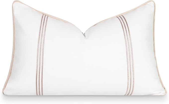 Hofdeco Premium Fall Coastal Patio Indoor Outdoor Lumbar Pillow Cover Only, 12"x20" Water Repellent for Backyard, Couch, Neutral Tan Embroidered Vertical Line