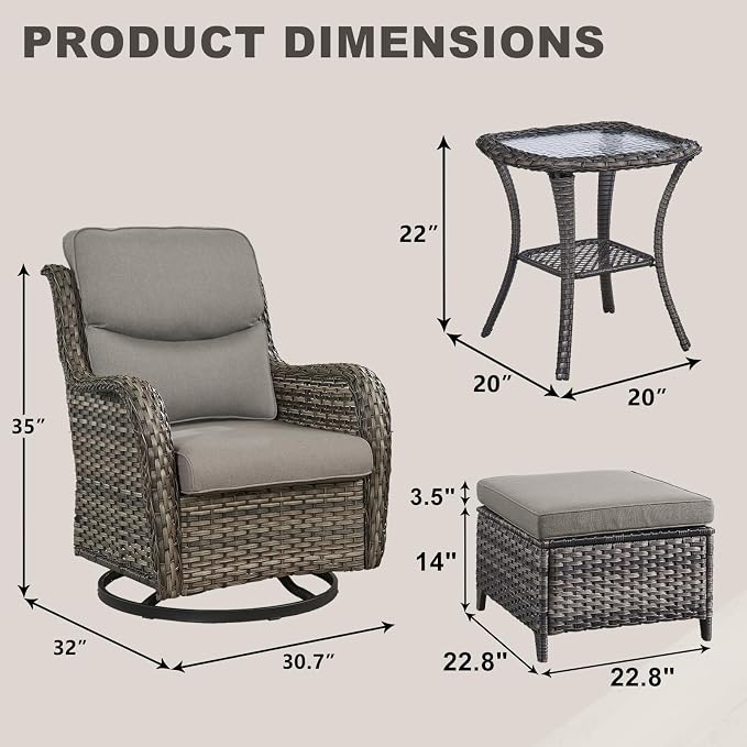 Rilyson Wicker Patio Furniture Set - 5 Piece Rattan Outdoor Sectional Conversation Sets with 2 Swivel Rocking Chairs,2 Ottomans and 1 Side Table for Porch Deck Garden(Mixed Grey/Grey/Smile)