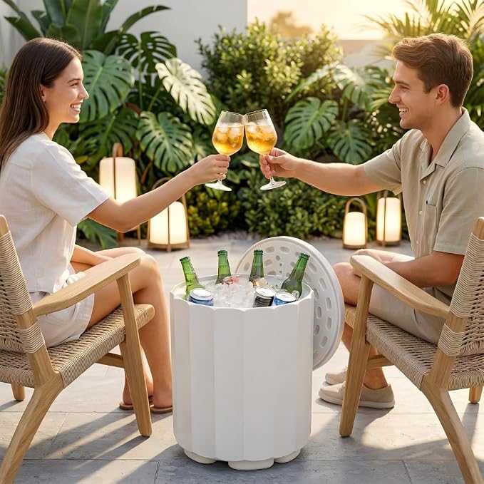 Outdoor Cooler Side Table, 2 in 1 Ice Chest Cooler Table All Weather Resistant | Dense Fluted Cooler Side Table with Hangable Lid for Patio Decor, Deck, BBQ, Beach | White