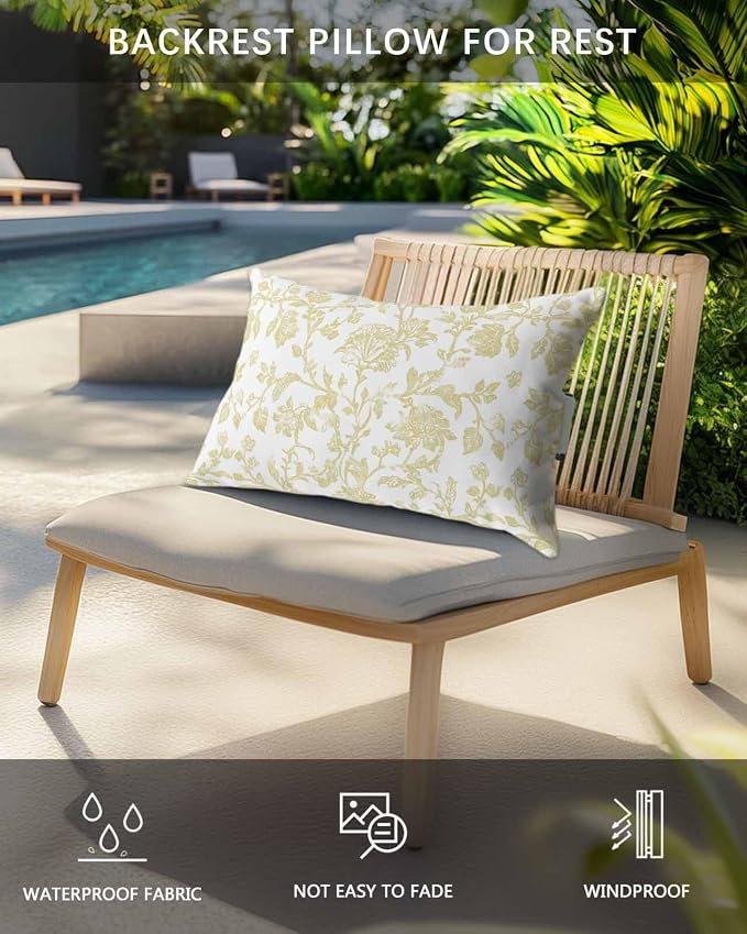 Pack of 4 Outdoor Lumbar Pillow Covers 11x16 Inch, Yellow Flower Waterproof Throw Pillow Covers Set, Vintage Farmhouse Boho Leaf Spring Plant Indoor&Outdoor Cushion Cases for Patio Porch Beach