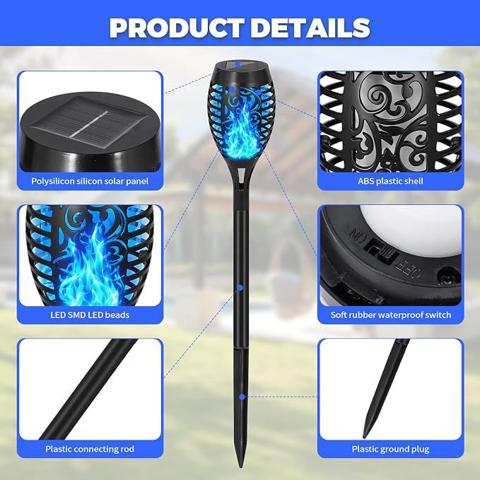 8 Pack Solar Lights Outdoor, Blue Flickering Flame Torches | Blue Flickering Flame, Long Nighttime Glow, Auto-On at Dusk, IP65 Weather-Resistant, Tool-Free Ground Setup