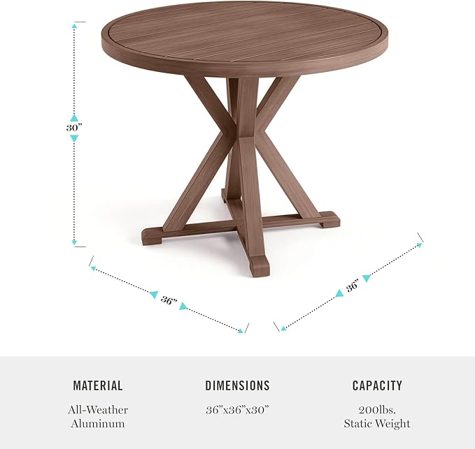 Martha Stewart Bedford 36" Round Indoor-Outdoor Aluminum Patio Dining Table with Trestle Base, Accommodates up to 4 Adults, Brushed Brown Woodgrain Finish