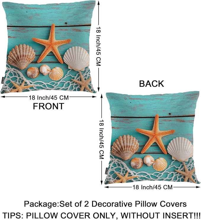 Swono Marine Throw Pillow Cases, Fishing Net Seashells Starfish Set of 2 Decorative Throw Pillow Cover Turquoise Blue Wood Square Pillow Cushion Case Home Decor for Sofa Couch Bed Car 18x18 Inch