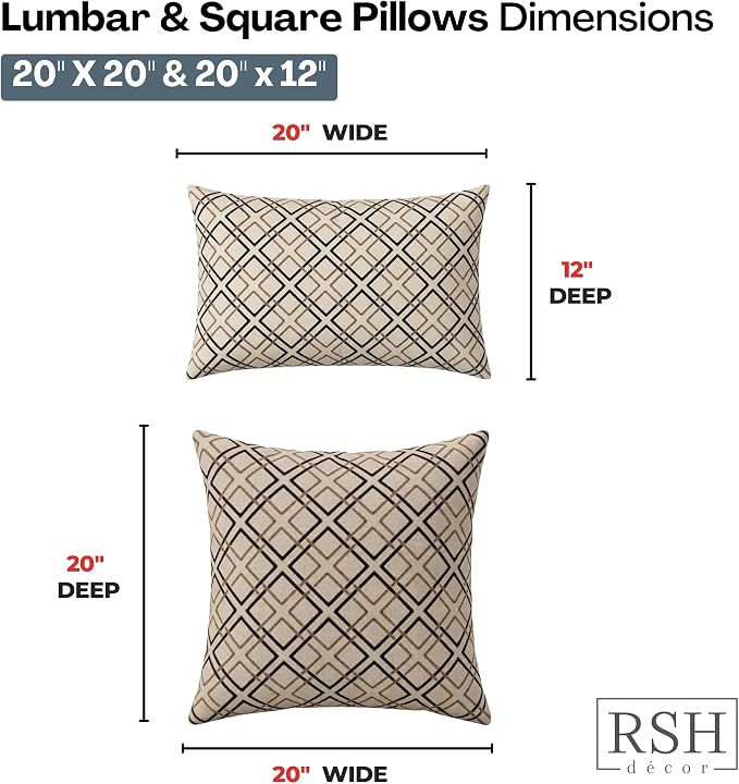 RSH DECOR: Sunbrella Lumbar & Square Pillows Set of 4 | 20" x 12" & 20" x 20" | Water and Fade-Resistant Performance Fabric | Outdoor Throw Pillows for Patio Furniture | Made in USA (Dwell Mahogany)