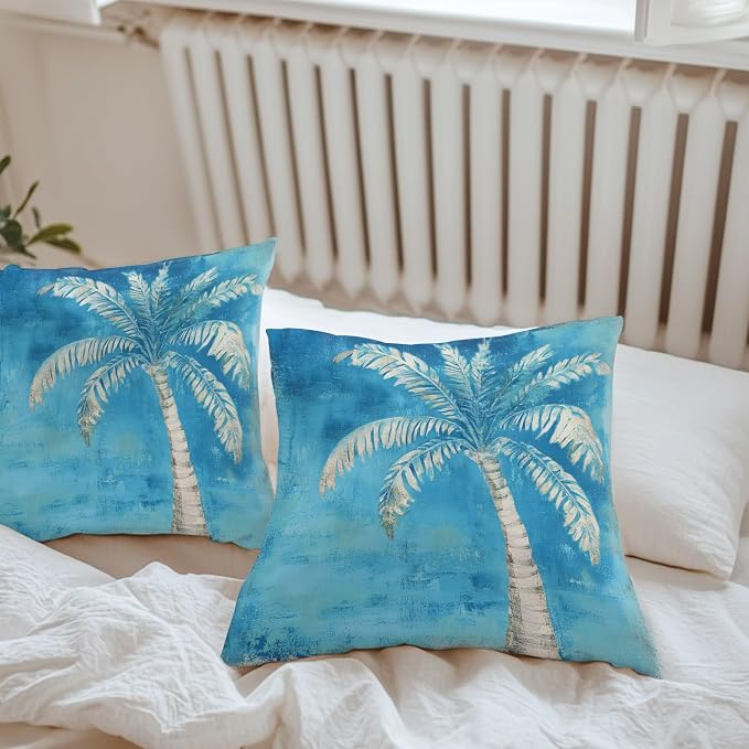 Coastal Beach Tree Blue Outdoor Waterproof Pillow Covers, Vintage Summer Palm Tree Decorative Square Throw Pillowcase, Tropical Botanical Sofa Cushion Sham for Patio/Couch/Chair, 16"x16" 2 Pack