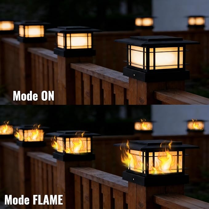 Dynaming 4x4 Solar Post Cap Lights Outdoor with Flickering Flame Light, 6 Pack Black Shell Fence Post Solar Lights Fit 4x4 Vinyl/Wooden Posts, Brightness LED Lighting Decor for Garden Deck Patio