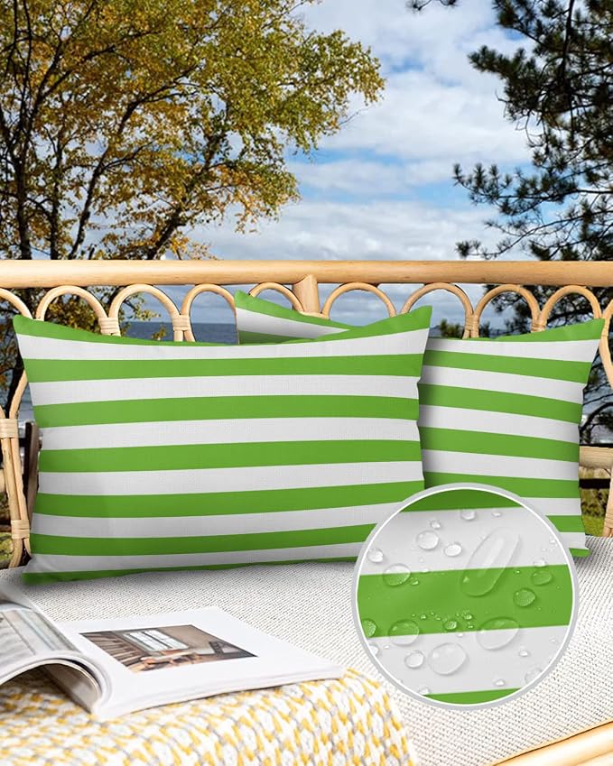 Lumbar Throw Pillow Covers 12x20 Outdoor Waterproof Pillow Covers for Patio Furniture Green White Stripes Decorative Throw Pillow Cover Striped Pillowcases Set of 2 Cushion Case for Sofa Couch Chair