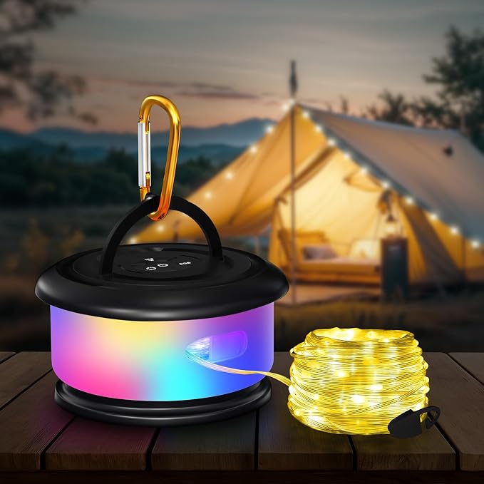 Camping String Lights, Retractable 32.8FT Rechargeable Fairy Light | Quick Storage RGB Flash Lamp Outdoor Waterproof, Portable Hanging Lantern for Outside Tent Patio Awning Garden RV Essentials