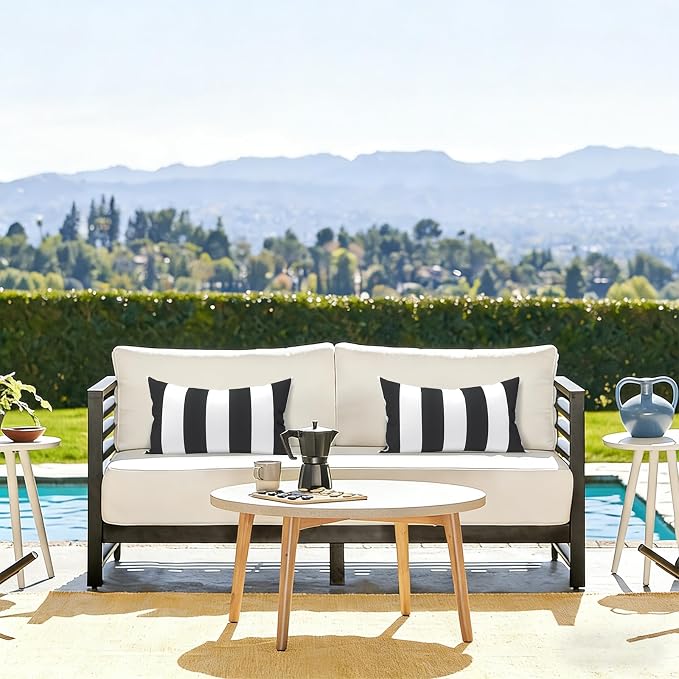 LVTXIII Outdoor/Indoor Lumbar Pillows, Decorative Patio Lumbar Cushions, Fluffy Water Repellent Garden Cushions for Home Patio Coach Sofa Use, 12×20 Inch, Pack of 2, Cabana Black