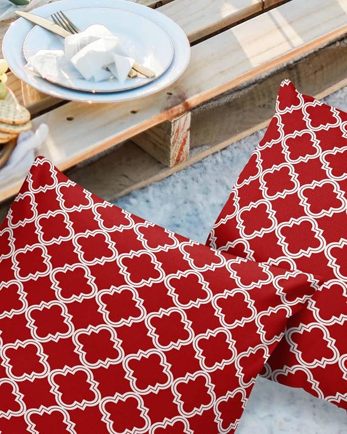Outdoor Waterproof Pillow Covers for Patio Furniture Moroccan Pattern Decorative Throw Pillow Cover Geometric Trellis Red Pillowcases Set of 2 Cushion Case for Sofa Couch Chair Home Decor 24x24 inch
