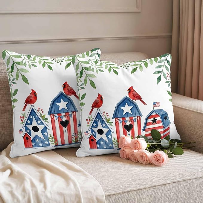 American Flag Bird House Outdoor Pillow Covers Waterproof, All Weather Cushion Case Set of 2, Green Eucalyptus Leaves 250th Decorative Pillowcases for Sofa Couch Bed Decor Patio Furniture 20"x20"