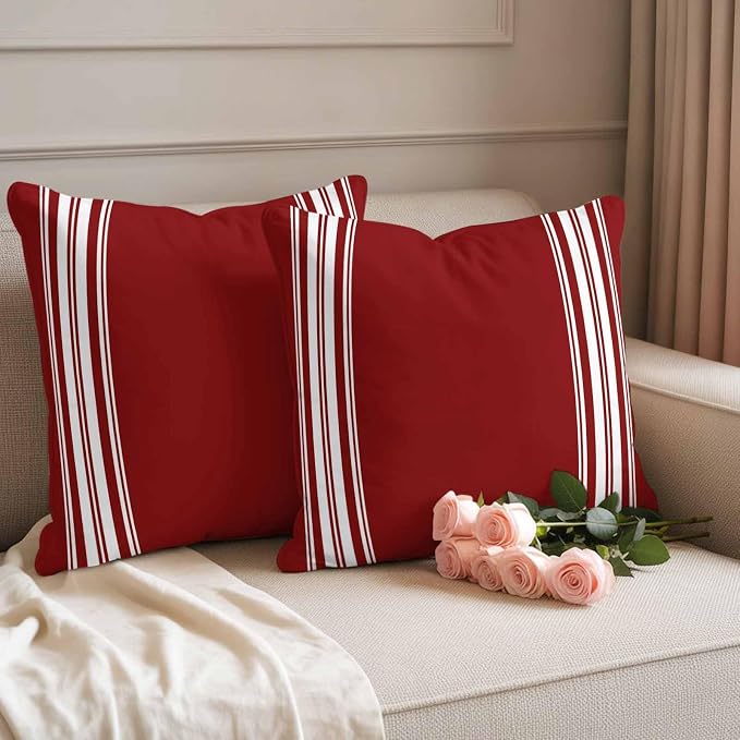 Outdoor Pillow Covers 20x20 Set of 2 Burgundy Red Stripe Outdoor Pillows Waterproof Throw Pillow Covers French Stripe Farmhouse Style Pillowcases Decorative Case for Patio Cushion