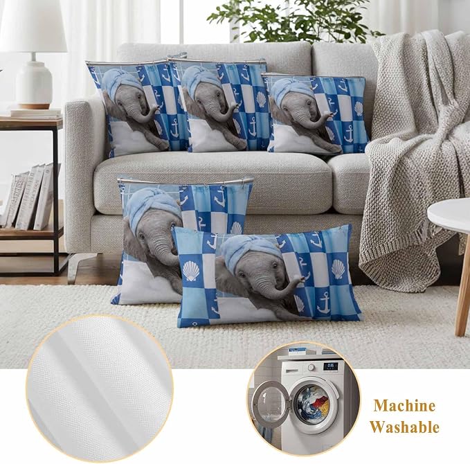 Bathing Elephant Waterproof Outdoor Pillow Covers Set of 2 Home Decor, Funny Animal Showering Lumbar Pillowcase Patio Pillow Covers for Couch Bench Patio Furniture Garden 20x20in