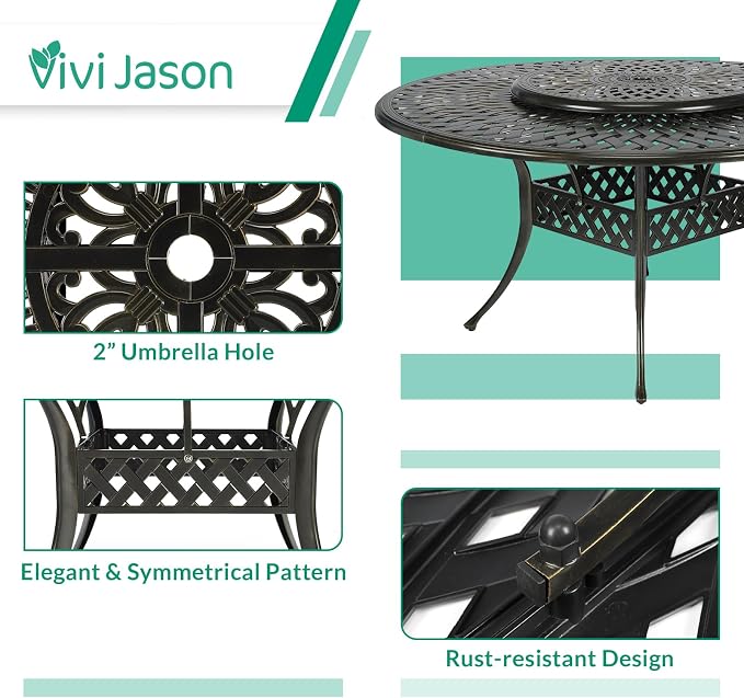 VIVIJASON 9-Piece Patio Furniture Dining Set, Rust-Free Cast Aluminum Outdoor Conversation Set, Include 8 Chairs & 61" Round Dining Table with 31" Lazy Susan, Umbrella Hole for Lawn Garden