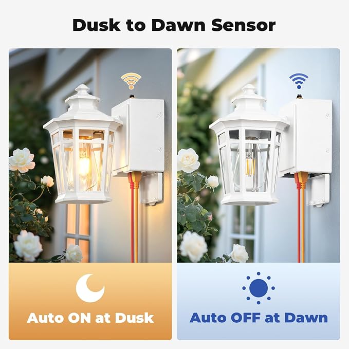 Gleamz Outdoor Wall Lights with GFCI Outlet, White 2-Pack Exterior Lighting Fixtures with Dusk to Dawn Sensor, Porch Light with Outlet Wall Mount, Waterproof Front Door Light Fixture Outdoor