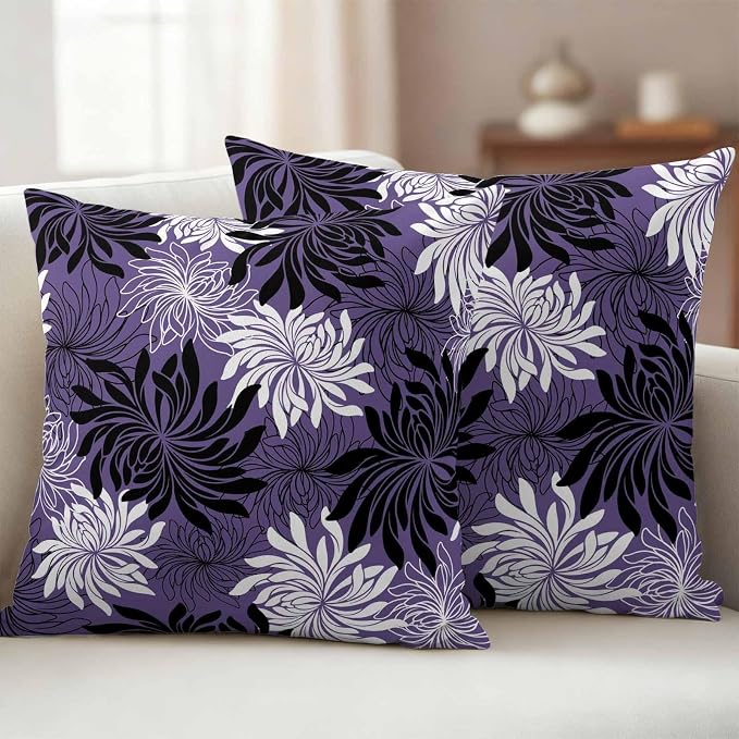 Yukro Purple Black Floral Outdoor Waterproof Pillow Covers Pack of 2, Vintage White Black Flower Purple Decorative Throw Pillowcases Cushion Covers for Garden Patio Tent Sofa Couch, 18x18 inch