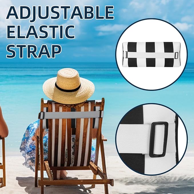 Outdoor Pillow for Chaise Lounge Chair, 2pcs Striped Chaise Lounge Pillows, Adjustable Strap Head Lumbar Pillow for Patio Pool Beach Office, Black