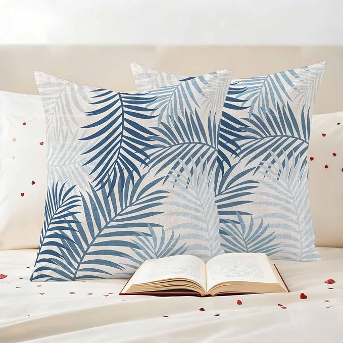 Outdoor Waterproof Throw Pillow Covers, Blue Grey Palm Leaves Decorative Pillow Cases, Summer Botanical Tropical Leaf Couch Pillow Protector Patio Sofa Cushion Covers Replacement 16"x16" 2 Pack