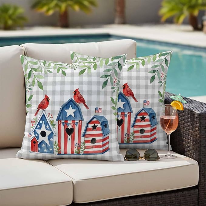American Flag Bird House Outdoor Pillow Covers Waterproof, All Weather Cushion Case Set of 2, Green Eucalyptus Grey Plaid 250th Decorative Pillowcases for Sofa Couch Bed Decor Patio Furniture 16"x16"
