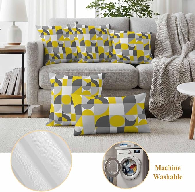 Mid Century Outdoor Waterproof Throw Pillow Covers Set of 2, 18"x18", Yellow Grey Abstract Retro Geometric Modern Decorative Pillow Covers Outside Cushion Case for Patio Porch Garden