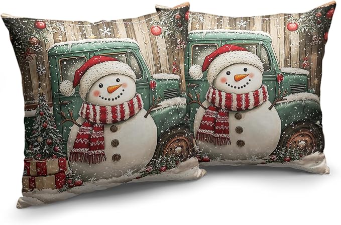 Christmas Snowman Pillow Covers 18x18 Set of 2 Green Xmas Truck Throw Pillow Covers Wooden Pattern Background Pillowcase Winter Holiday Cushion Case for Living Room Sofa Couch