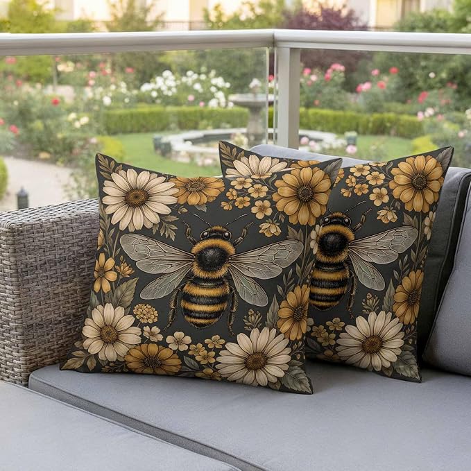 Outdoor Pillow Covers Waterproof, Bee Flowers Decorative Square Throw Pillowcases Patio Cushion Covers for Tent/Garden, 18" x 18" 2 Pack, Retro Country Animals Botanical Floral Plants