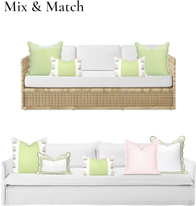 Hofdeco Premium Grandmillennial Patio Indoor Outdoor Lumbar Pillow Cover Only, 12"x20" Water Repellent for Backyard, Couch, Poolside, Grass Green Pink Print Block Print Striped Lily of the Valley