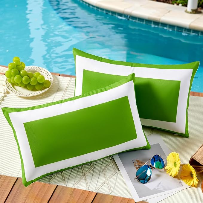 JOJOGOGO 12x20 Apple Green Outdoor Lumbar Pillow Covers Waterproof & Sunproof Set of 2, White and Green Outdoor Decorative Lumbar Pillows for Patio Furniture and Porch Decor(Without Inserts)